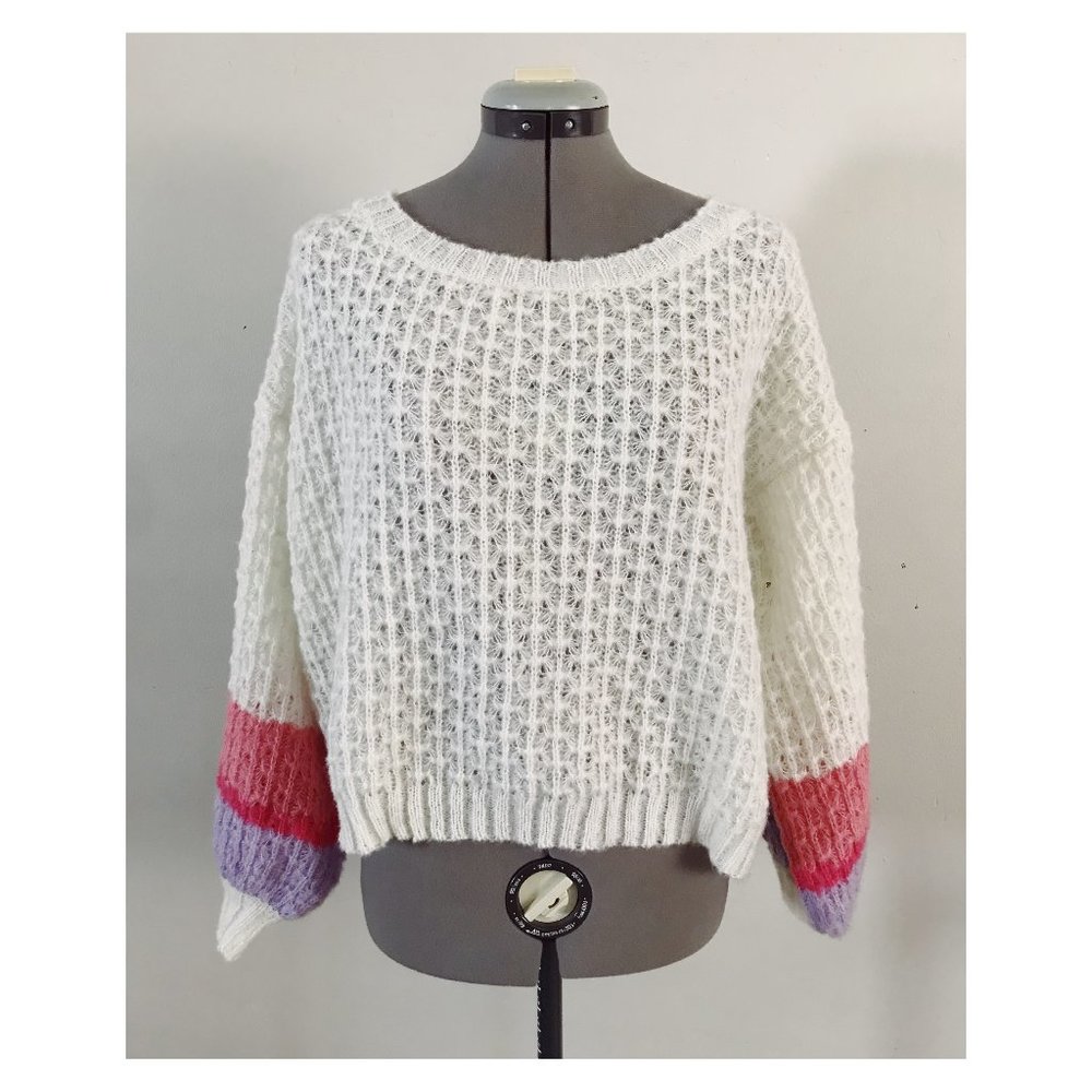 NWT Frnch Paris Ballon Sleeve Knit Sweater with Pink and Purple Stripe
